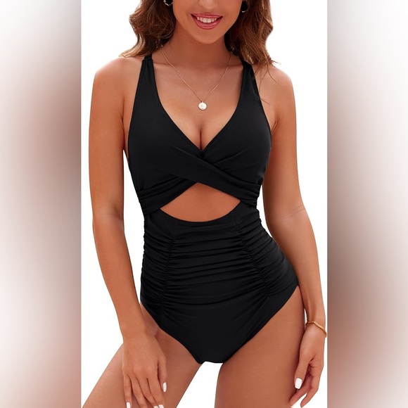 One Piece Swimsuits Push Up Tummy Control Bathing Suits V Neck Cutout - Picture 1 of 3